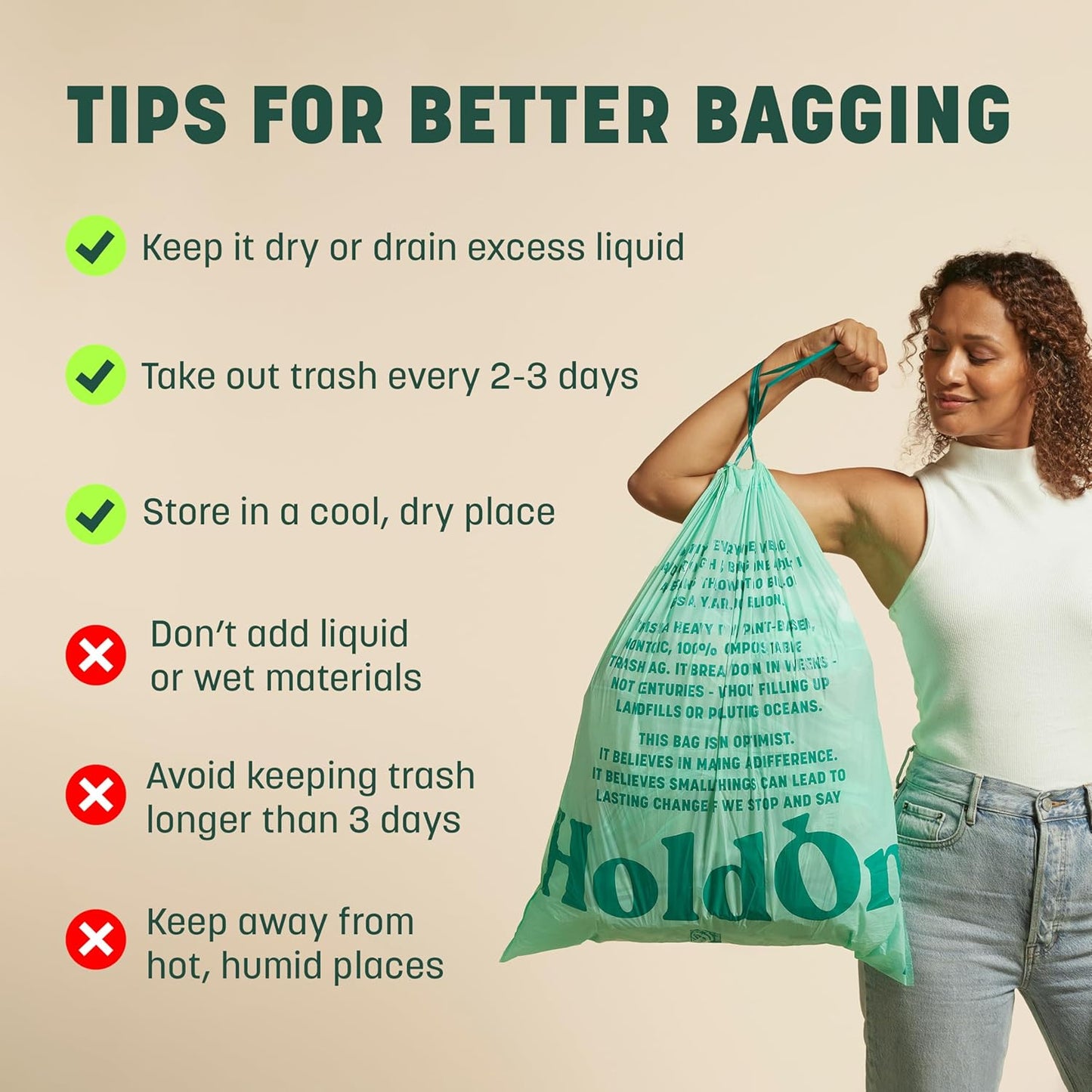 HoldOn 13-Gallon Trash Bags – Tall Kitchen Trash Bags with Drawstring Handles for Tall Trash Bins, Heavy-duty and Compostable, Large Trash Bags (40 bags, Pack of 2)