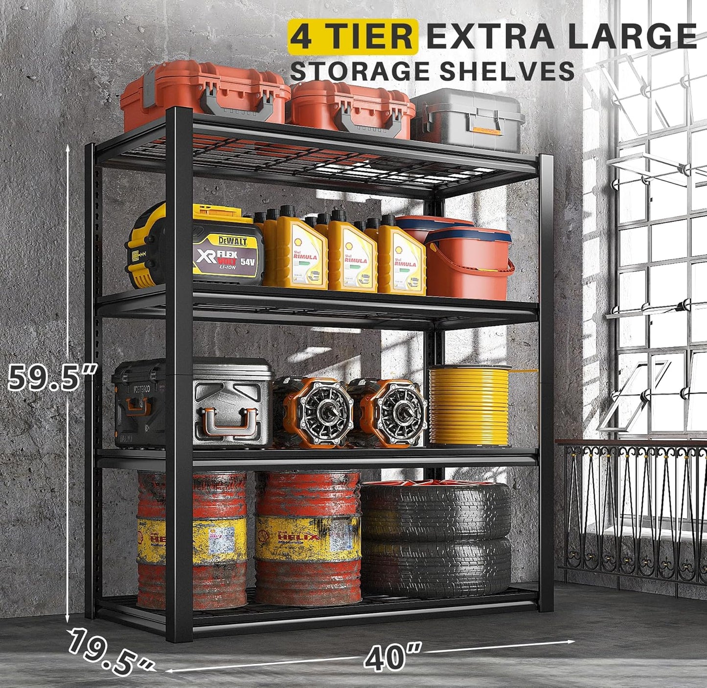 REIBII 40" W Garage Shelving 2240 LBS Storage Shelves Adjustable Metal Shelving Heavy Duty 4 Tier Metal Shelves for Garage Kitchen Pantry Warehouse Basement 40" W × 19.5" D × 59.5" H