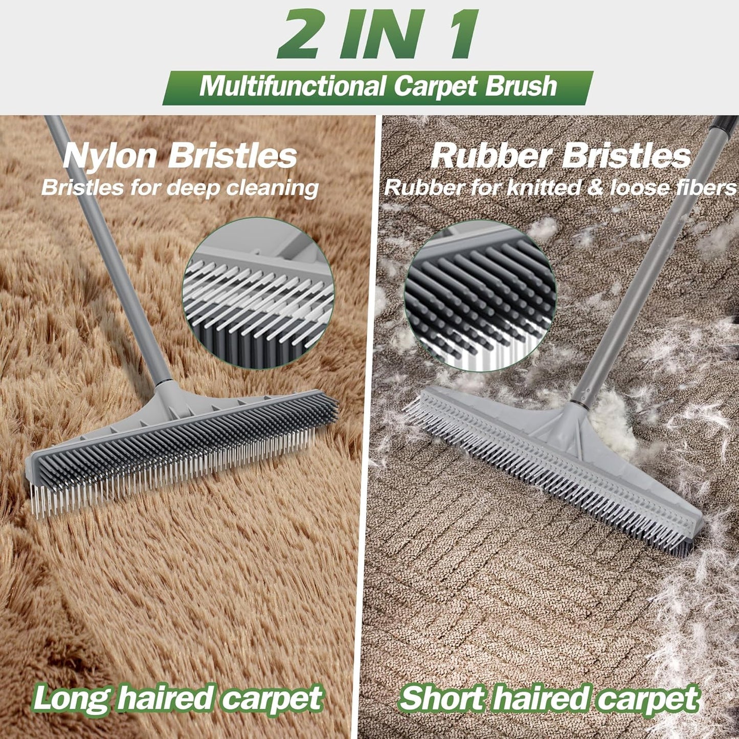 Walensee Carpet Rake for Pet Hair Removal, 61" Carpet Hair Cleaning Tool with Adjustable Long Handle, 2-in-1 Rubber Broom and Nylon Carpet Brush for Fur Rug, Stairs and Mats - Washable, Durable