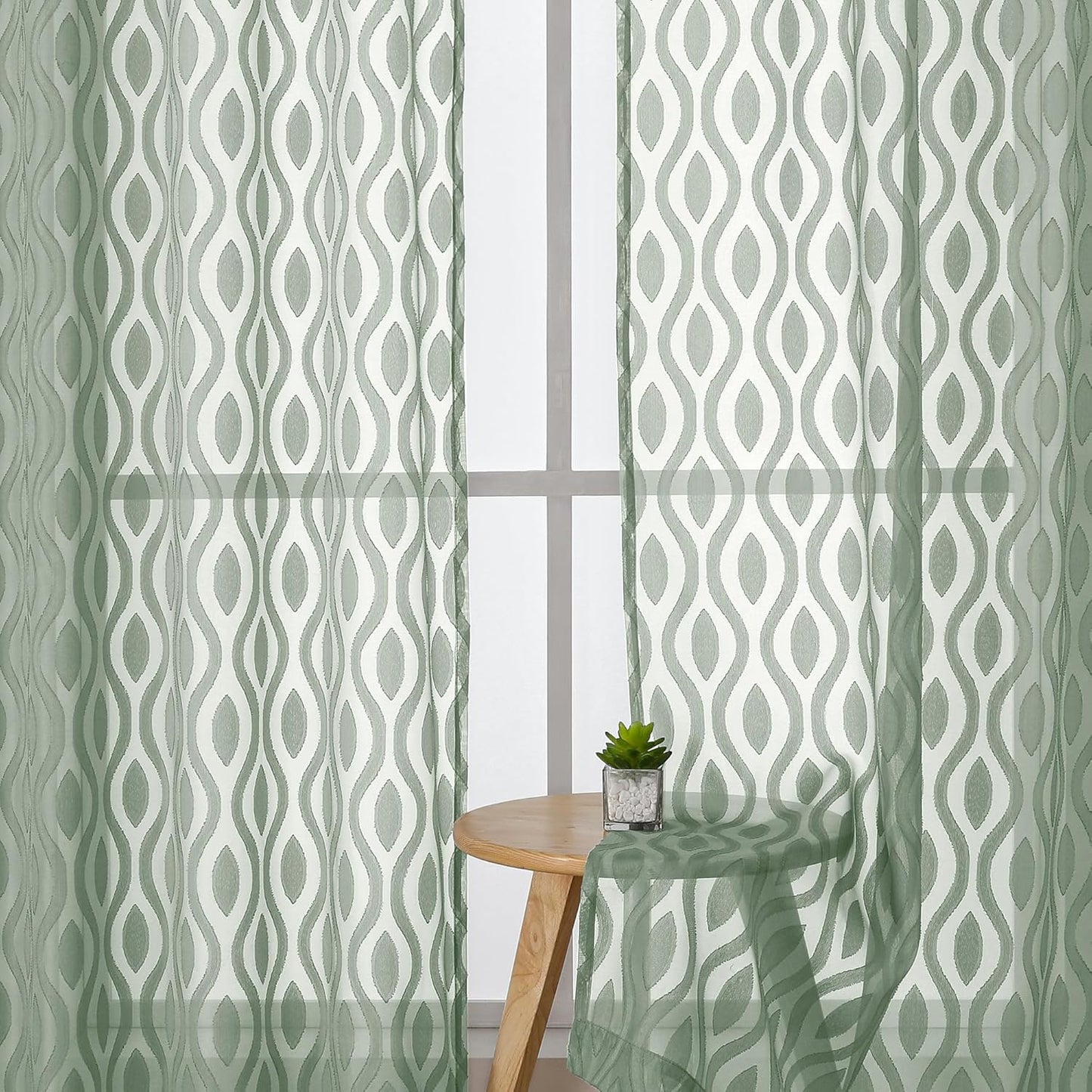 Aiyufeng Sheer Curtains 63 Inch Length 2 Panels Set, Solid Green Airy Light Filtering Voile Curtains Window Treatments for Bedroom Living Room, Modern Wavy Line Textured Curtains, 40" WX63 L Inches