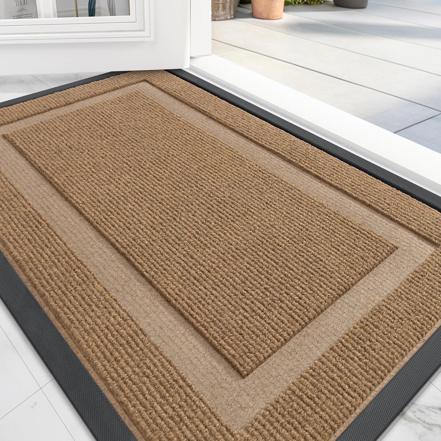 OLANLY Front Door Mat Indoor Outdoor Entrance, Waterproof All-Season, All-Weather Doormat, Sturdy Natural Rubber, Fade Resistant, Low Profile, Easy Clean Patio Porch Entryway Mat, 47x23, Light Borwn