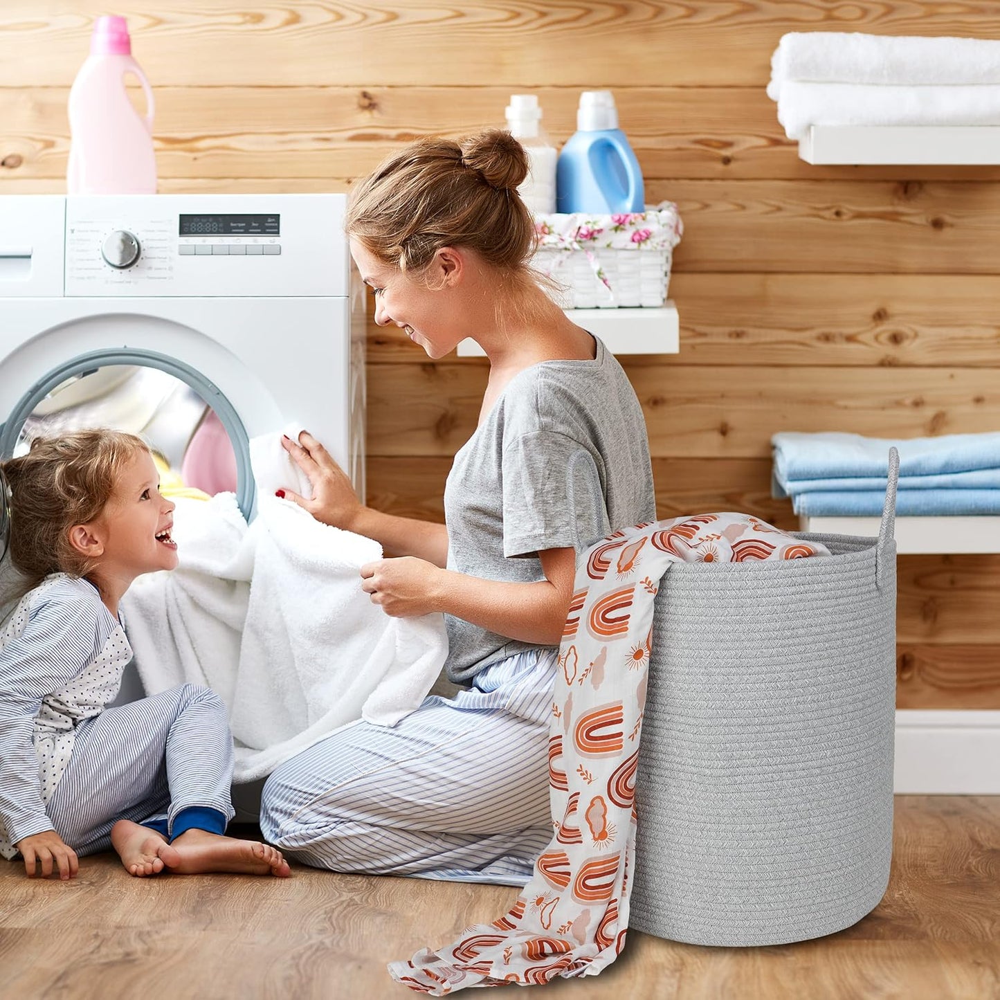 Cotton Rope Laundry Basket Hamper for Clothes Woven Storage Basket for Living Room Bedroom Boho Tall Rope Baskets for Blanket Toys Pillow Towels Baby Nursery Hamper Bin Large light grey