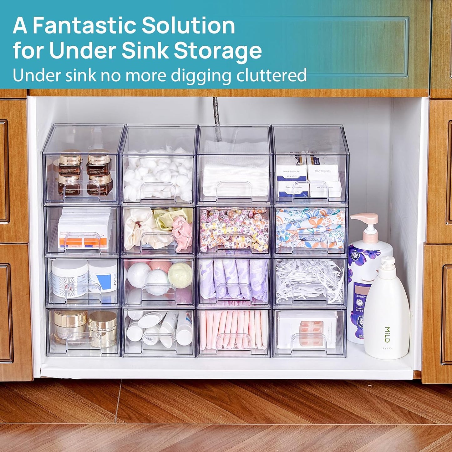 Vtopmart 6 Pack Clear Stackable Storage Drawers, 4.4'' Tall Acrylic Bathroom Makeup Organizer,Plastic Storage Bins For Vanity, Undersink, Kitchen Cabinets, Pantry, Home Organization and Storage