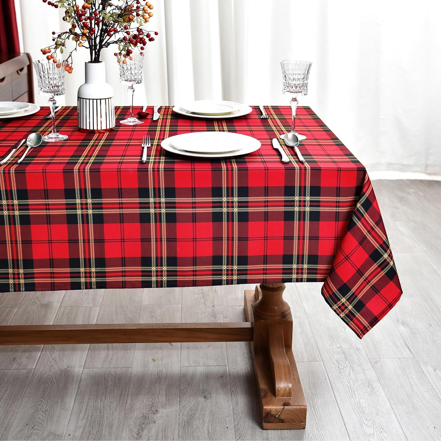 Tartan Waterproof Christmas Plaid Tablecloth Fabric - Red Oblong 52x70 Inch Classic Buffalo Tartan Festive Table Cloth for Indoor Use - New Year Tabletop Cover for Dinner, BBQs, and Parties