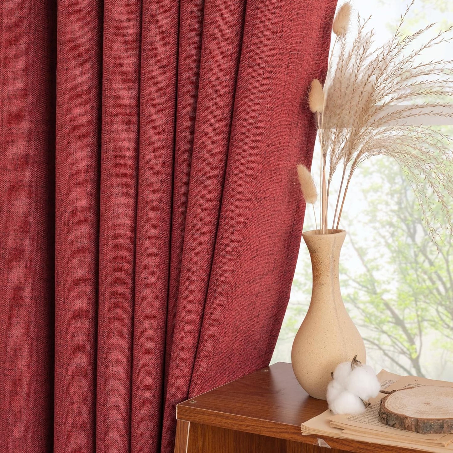 YoungsTex Red Linen Curtains 80 Inch Length for Living Room, Light Filtering Semi Sheer Drapes with Back Tab Rod Pocket for Christmas Bedroom Dining Room, 2 Panels, 52 X 80 Inch