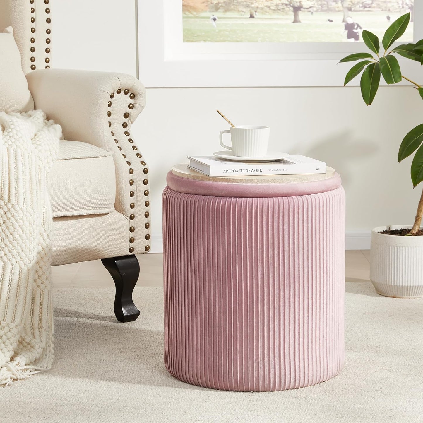 Round Ottoman with Storage Set of 2,Vanity Stool with Storage for Bedroom, Ottoman Coffee Table,Small Velvet Foot Stool for Living Room, Pink