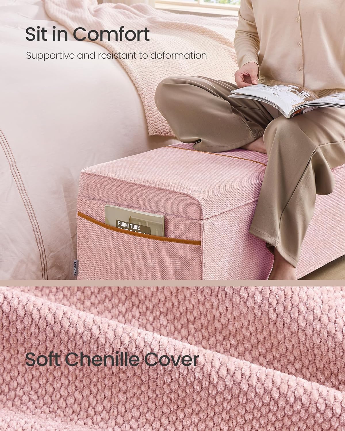 SONGMICS Storage Ottoman Bench, Storage Chest, 15.7 x 43.3 x 15.7 Inches, End of Bed Bench, 27 Gal. (103 L), for Bedroom, Entryway, Living Room, Jelly Pink ULSF533R01