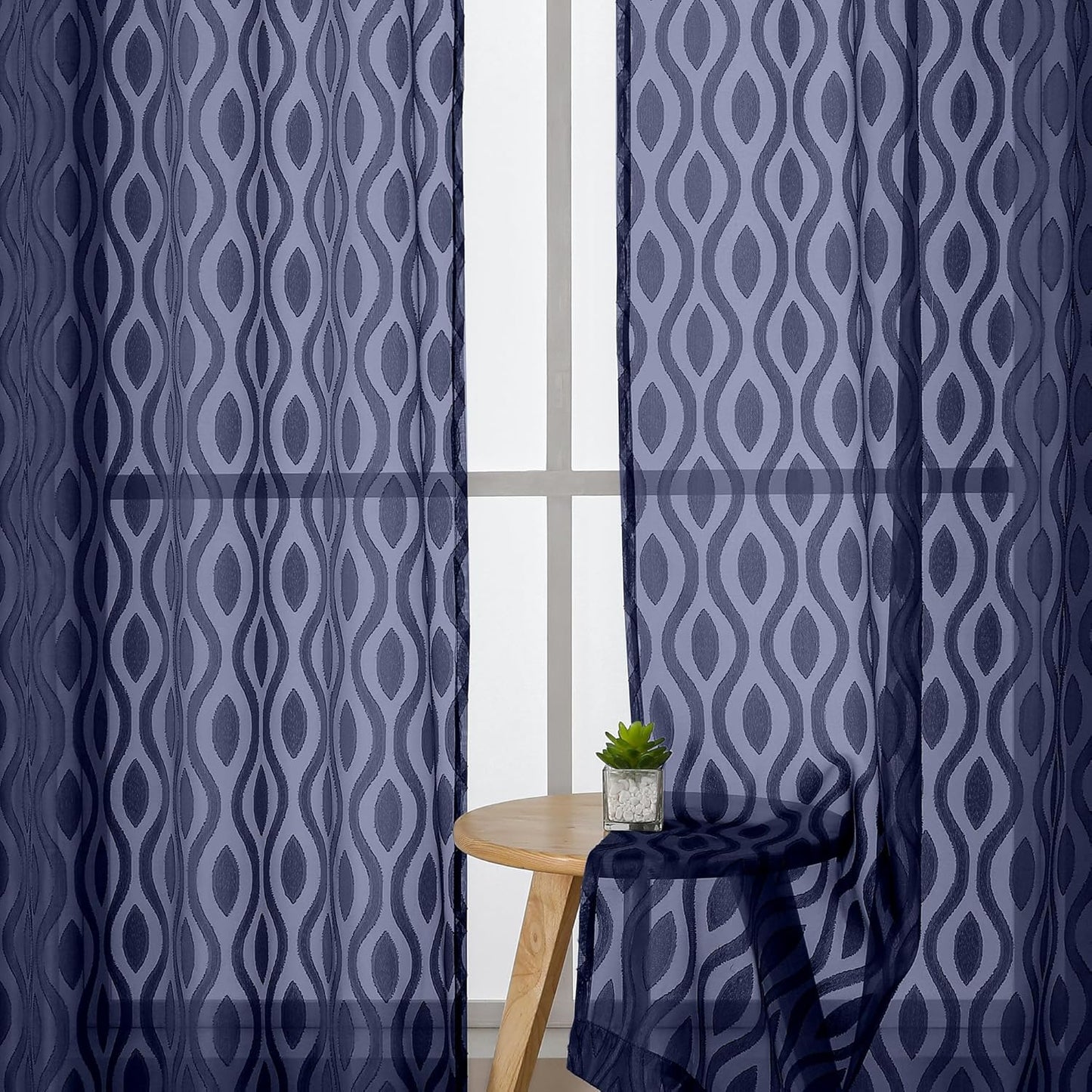 Aiyufeng Blue Sheer Curtains 63 Inch Length 2 Panels Set, Airy Light Filtering Solid Clip Jacquard Farmhouse Curtians for Bedroom Living Room, Modern Wavy Line Panel Curtains, 40" WX63 L Inches