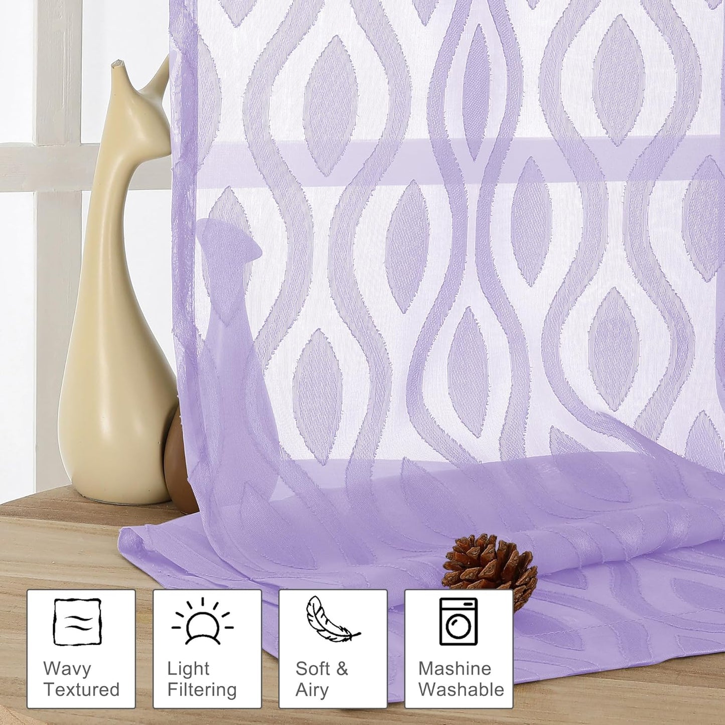 Aiyufeng Light Purple Sheer Curtains 54 Inch Length 2 Panels, Soft Lightweight Clip Jacquard Textured Sheer Curtain Panels, Modern Wavy Line Voile Sheer Curtain for Bedroom Living Room, 40Wx54L Inches