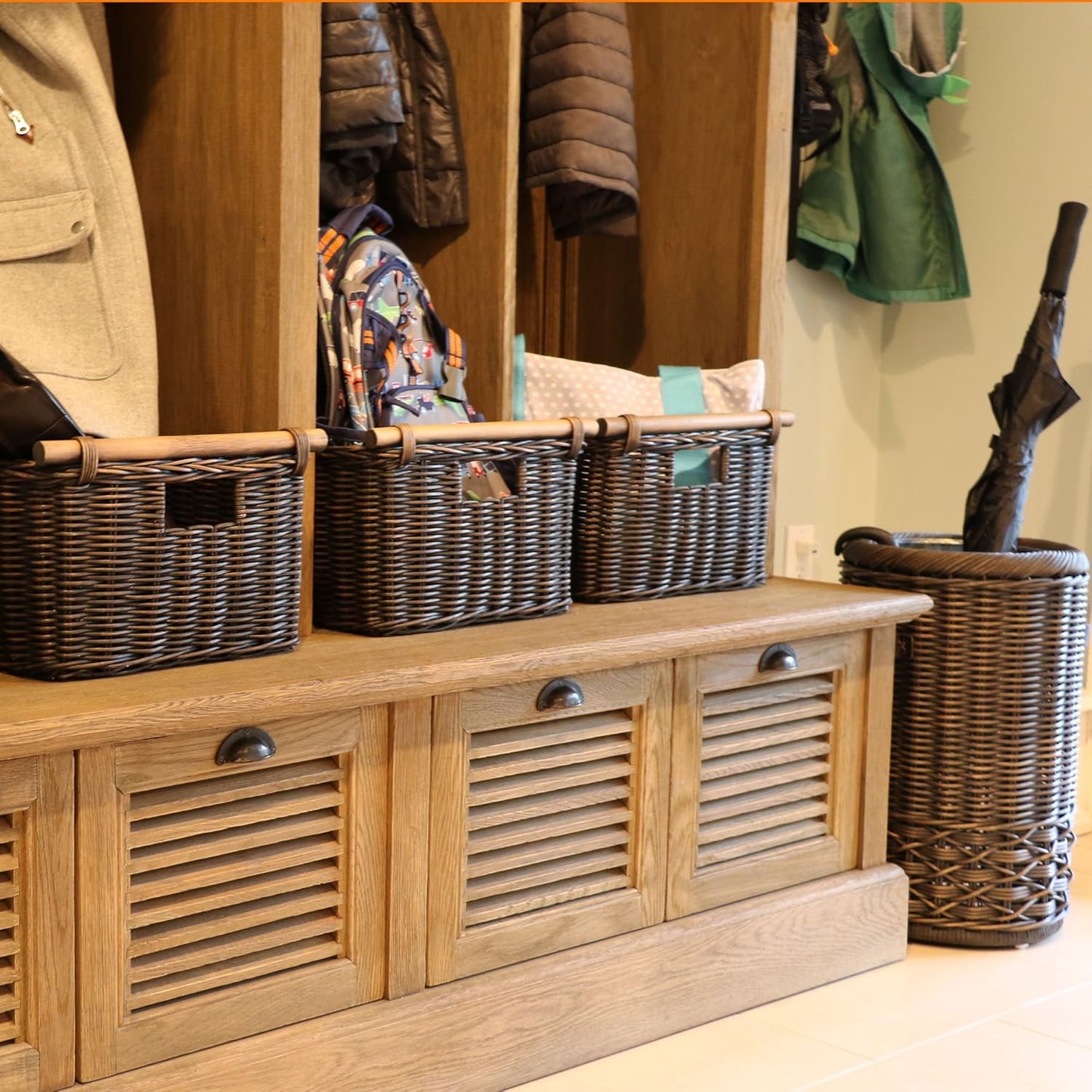 The Basket Lady Deep Pole Handle Wicker Storage Basket, Extra Large, 17.5 in L x 18 in W x 11.5 in H, Antique Walnut Brown