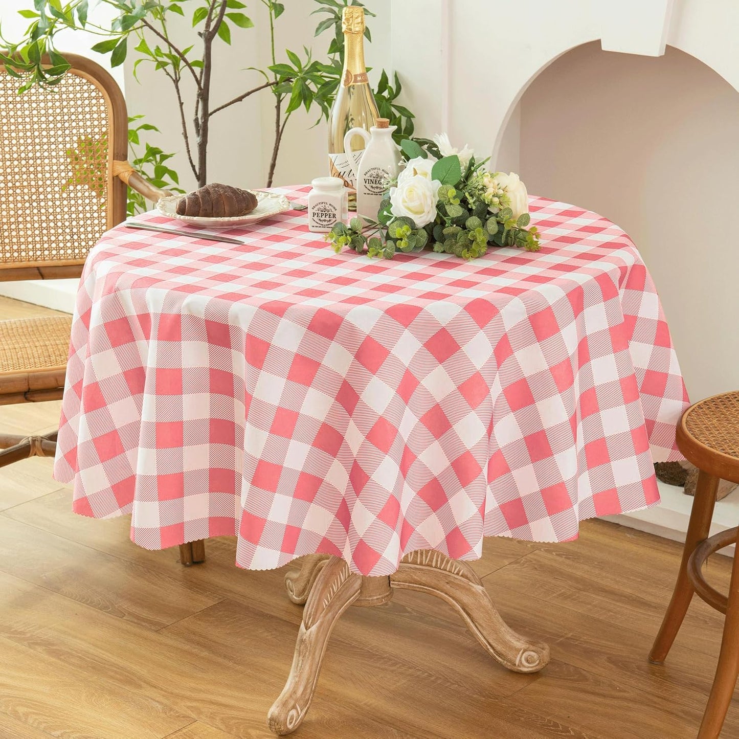 Waterproof Plaid Tablecloth Fabric - Round 50 Inch Classic Gingham Checker Table Cloth for Indoor/Outdoor Use - Buffalo Table Cover for Picnics, BBQs, and Parties