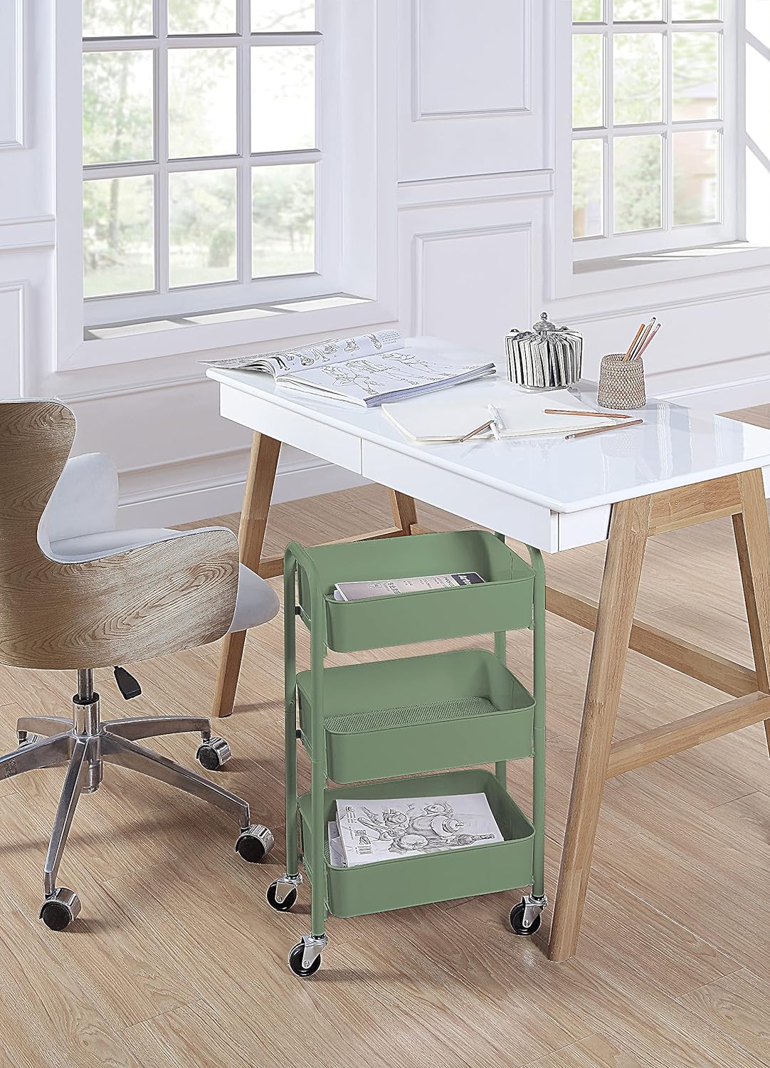 SunnyPoint 3-Tier Delicate Compact Rolling Metal Storage Organizer - Mobile Utility Cart Kitchen/Under Desk Cart with Caster Wheels - Turq (15.35" X 10.24" X 26.8"H)
