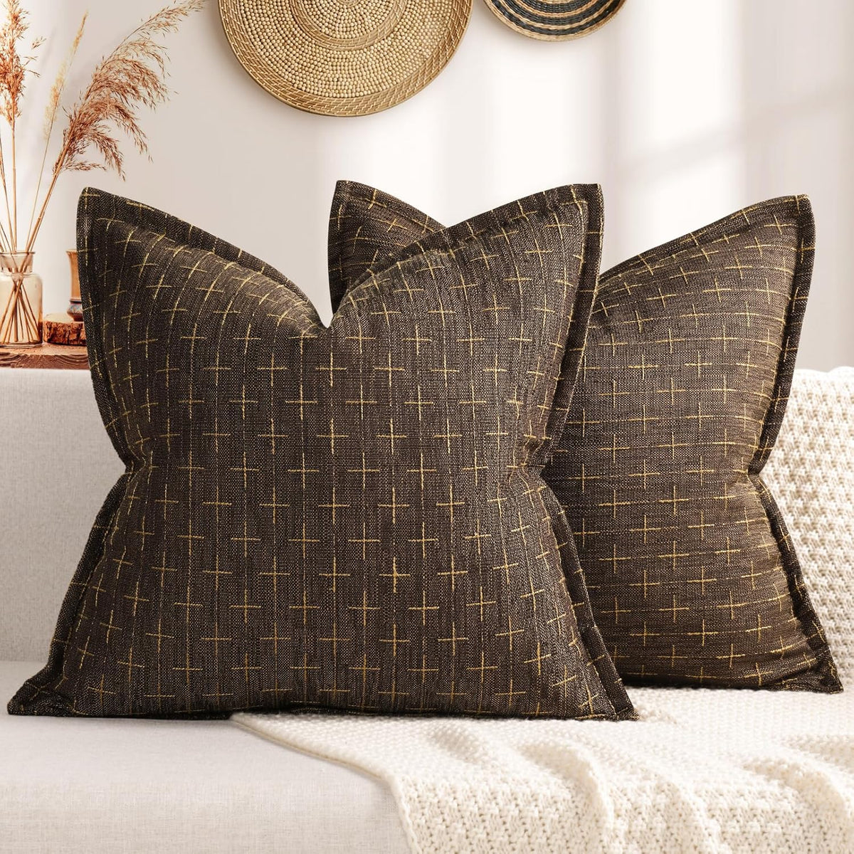 ZWJD Pillow Covers 18x18 Set of 2 Soft Polyester Textured Pillow Covers with Stylish Flange Edge Cozy Farmhouse Throw Pillows for Couch Bed Sofa Living Room
