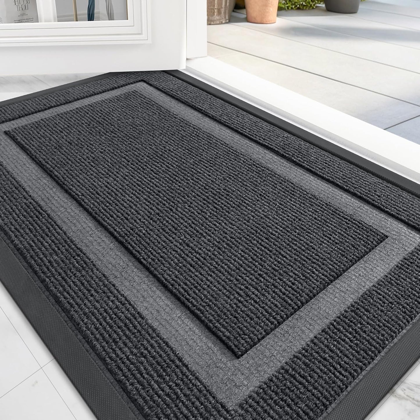 OLANLY Front Door Mat Indoor Outdoor Entrance, Waterproof All-Season, All-Weather Doormat, Sturdy Natural Rubber, Fade Resistant, Low Profile, Easy Clean Patio Porch Entryway Mat, 59x35, Grey