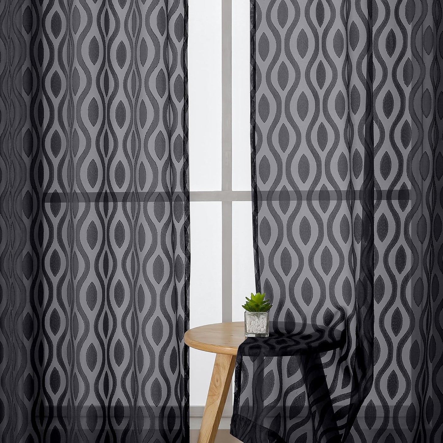 Aiyufeng Sheer Black Curtains 84 Inches Long 2 Panels, Solid Airy Light Filtering Clip Jacquard Window Treatments for Bedroom Living Room, Modern Wavy Line Rod Pocket Curtains, Total 80 inches Width