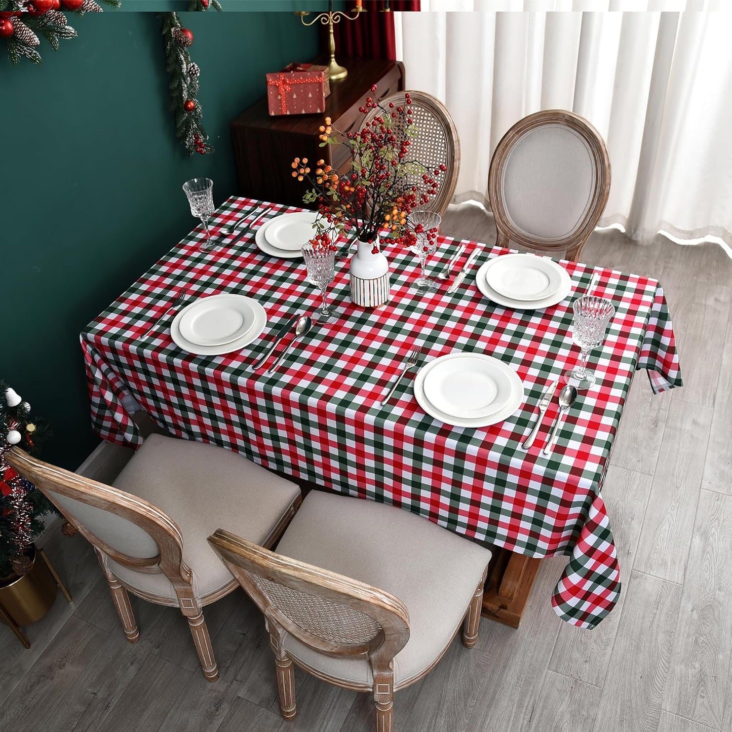 Classic Gingham Buffalo Xmas Tablecloth Fabric - Oblong 58x144 Inch Water Proof Checkered Table Cloth for Indoor Outdoor - Red Christmas Plaid Table Cover for Christmas, Holiday, New Year