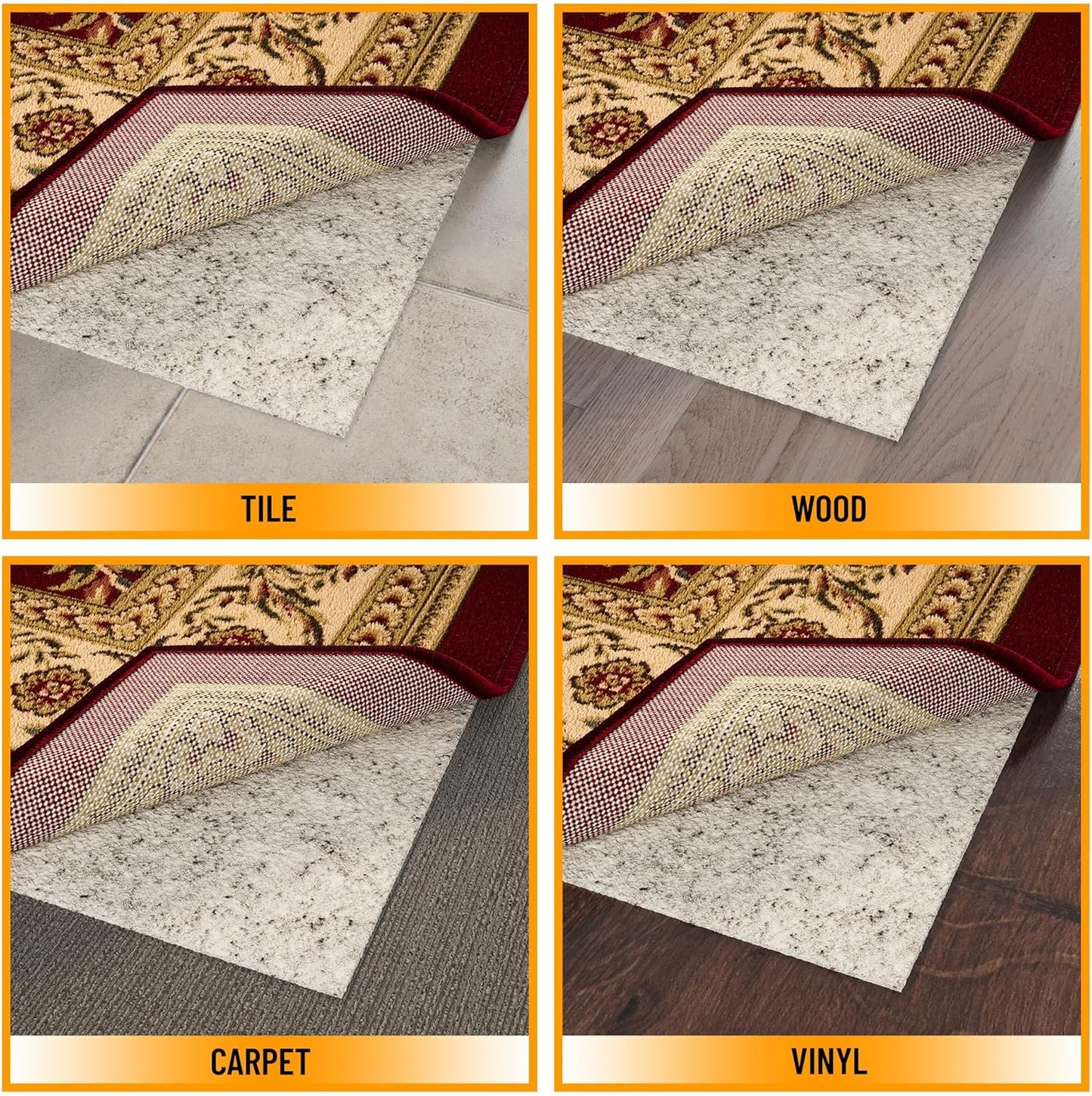 Ottomanson 7'8" x 11' Non-Slip Rug Pad Gripper 1/12 Inch Ultra Thin Dual Surface Felt + Rubber Gripper - Safe for All Floors, Cream