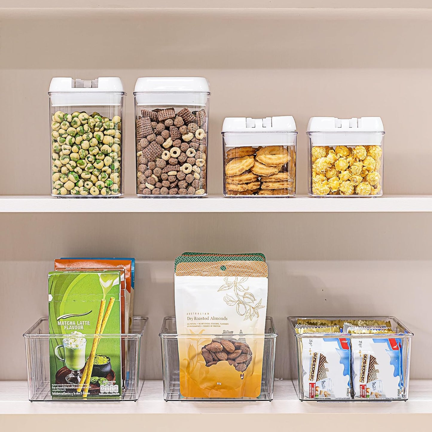 Vtopmart 2 Pack Food Storage Organizer Bins, Clear Plastic Bins for Pantry, Kitchen, Fridge, Cabinet Organization and Storage, 4 Compartment Holder Packets, Snacks, Pouches, Spice Packets