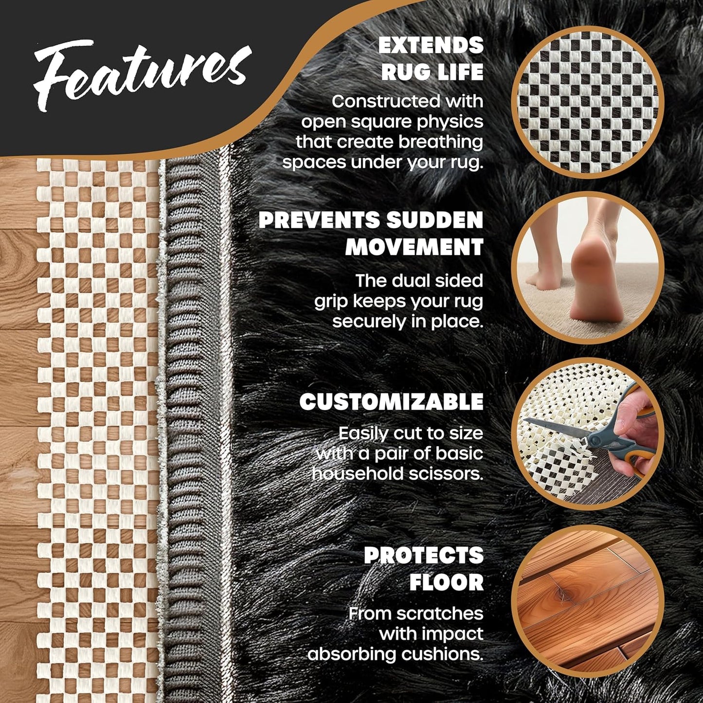 Nevlers 4'x6' White Non Slip Rug Pads | PVC Foam Rug Gripper for Hardwood Floors | Customizable Open Weave Area Rug Pad & Carpet Pad Design| Anti Skid Rug Gripper Pad | Rug Stoppers to Prevent Sliding