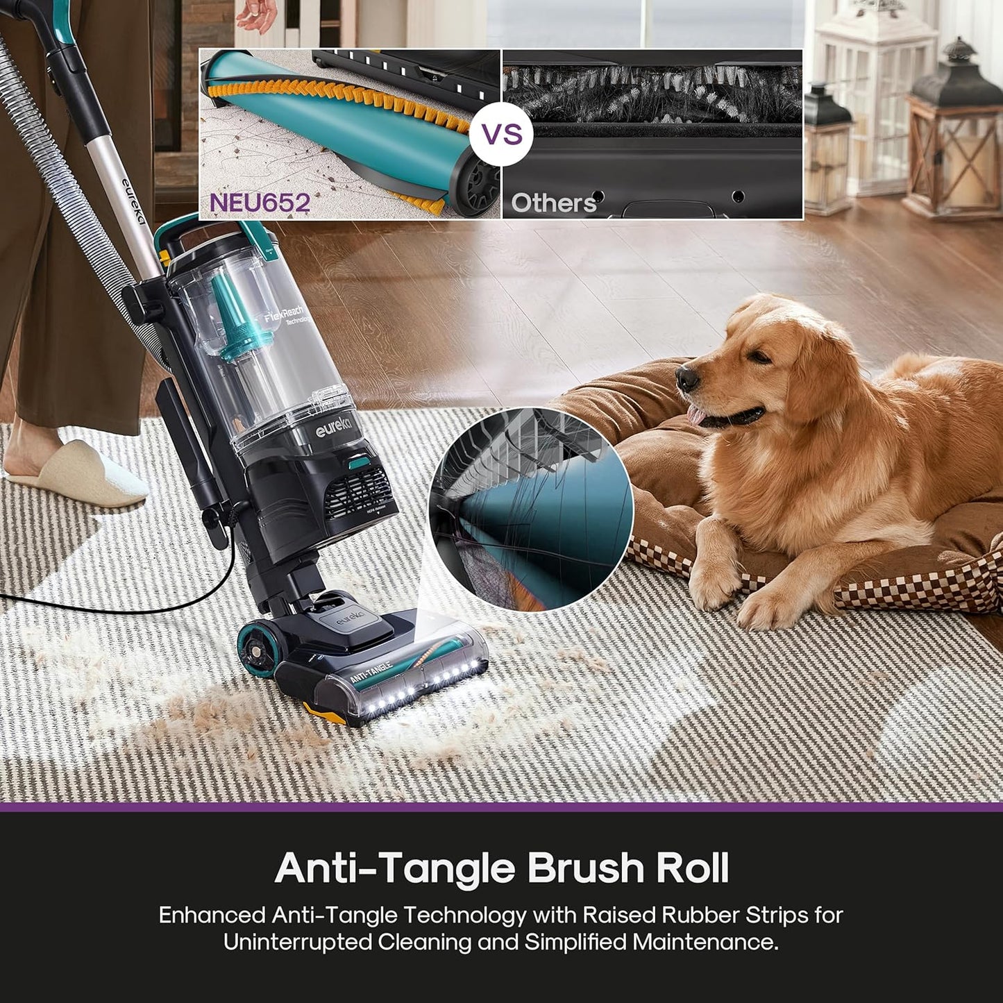 Eureka FlexReach Plus Bagless Upright Vacuum Cleaner for Home,Pet Vacuum for Carpet and Hard Floor, Lift-Up Vacuum with Flooring Type Sensor, HEPA Filter,Anti-Tangle, NEU652, Green
