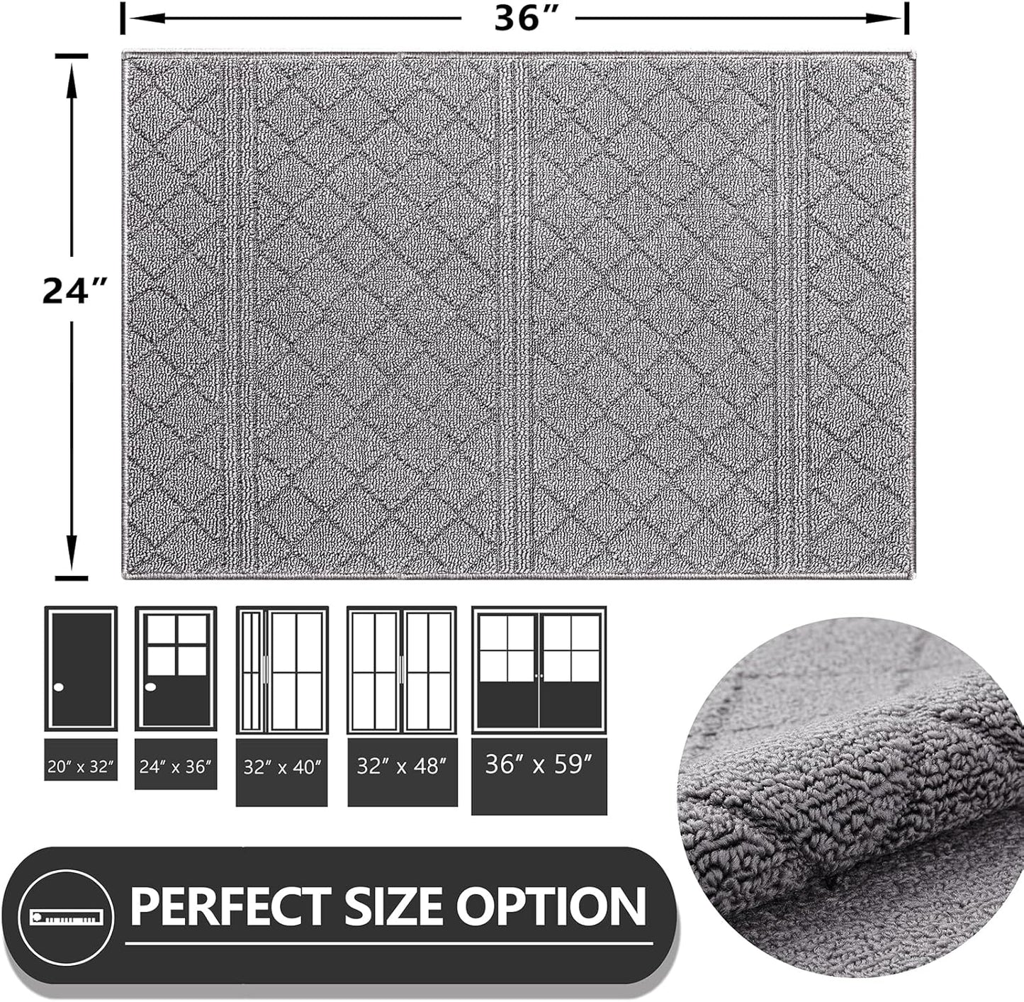REFETONE Indoor Doormat, Front Back Door Mat 24"x36" Absorbent Rubber Backing Non Slip Door Mats, Low-Profile Resist Dirt Rugs, Machine Washable Door Rug Inside Floor Mat for Entryway, Light Grey
